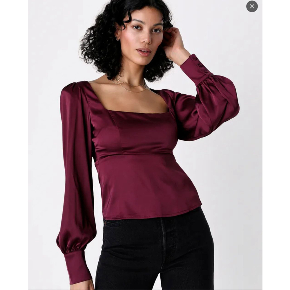 Lulus Plum Purple Satin Puff Sleeve Square Neck Blouse Size Large NWT